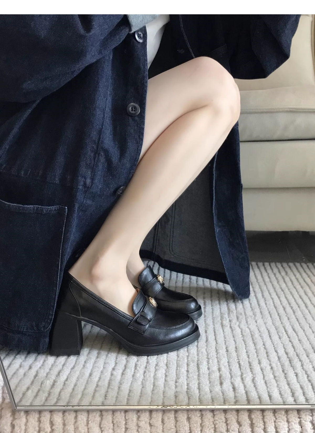 Camellia Loafers for Women2024New French Style Chunky Heel Black High Heel British Style Small Leather Shoes