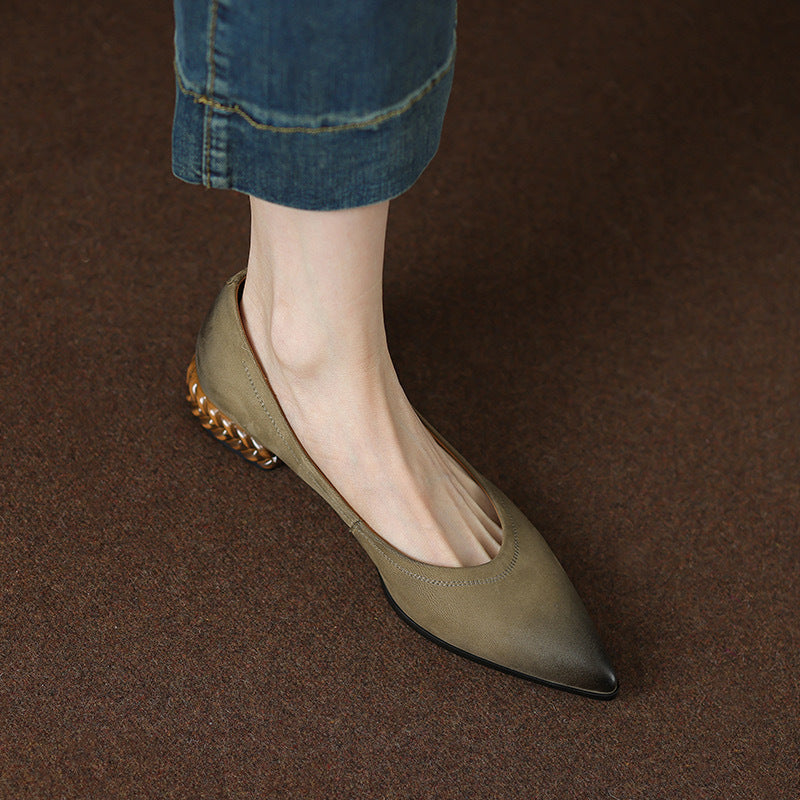 French Retro Color-Washed Pointed Toe Shallow Mouth Women's Shoes2023Spring new style comfortable soft leather thick heel low heel shoes