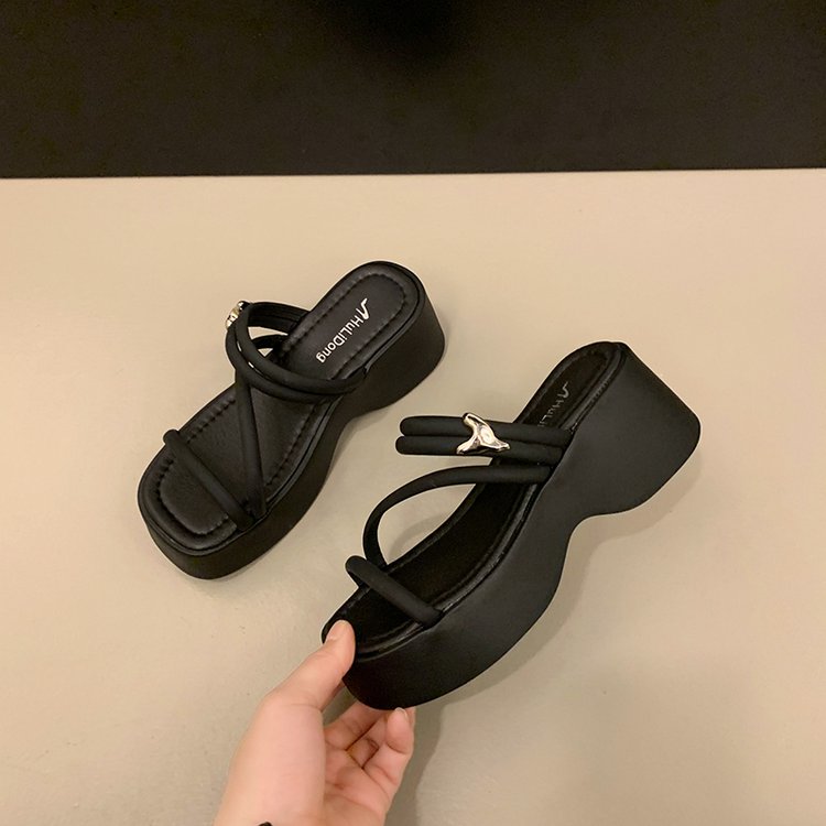 Solid Color Platform Sole Slippers PU Rubber mid-heel(3-5cm)