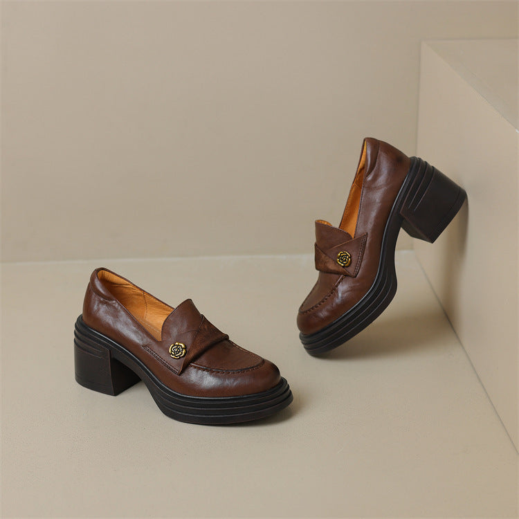 Soft and fluffy!2024Handmade Camellia Thick Sole Chunky High Heel Loafers