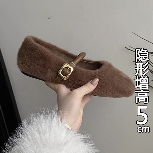 Fairy Style Internal Height Increase5cm Mary Jane Furry Shoes for Women2024New autumn and winter plush single shoes