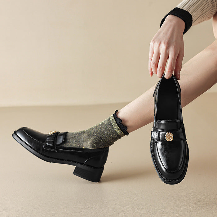 Left Bank Paris~!Chunky Heel British Style Gold Buckle Loafers for Women, Patent Leather Black Single Shoes