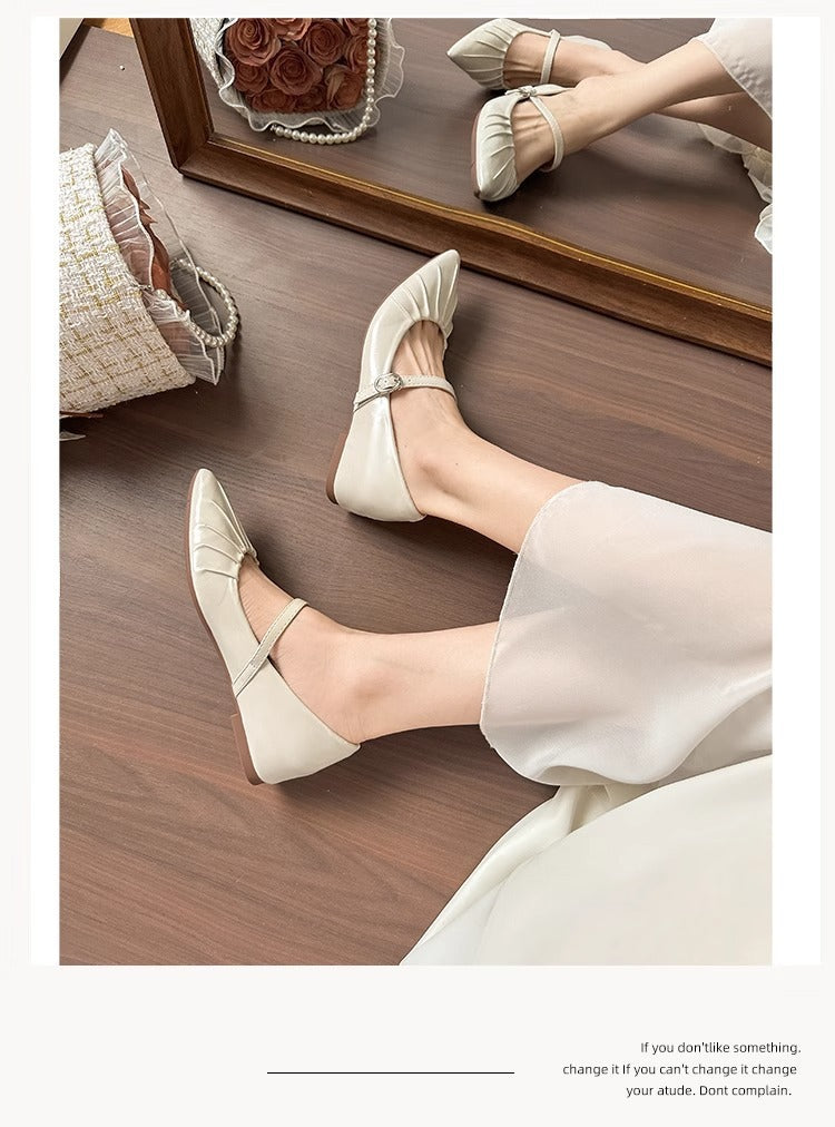 Height Increasing Insole Women's Shoes2024Summer New Retro One-Strap Mary Jane Pleated Pointed Toe Shoes