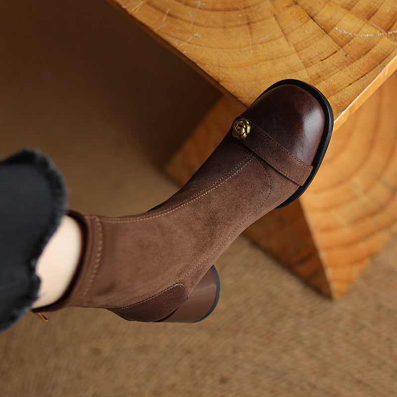 Patchwork Suede Camellia High Heel Chunky Heel Short Boots for Women Stretch Slim Boots Plus Size