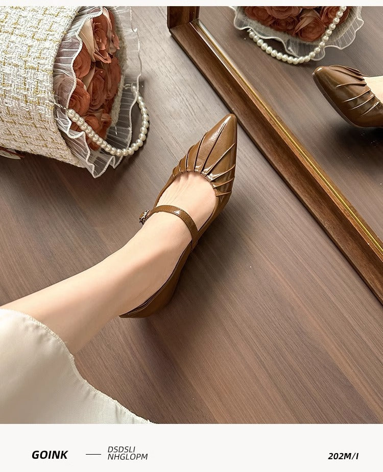 Height Increasing Insole Women's Shoes2024Summer New Retro One-Strap Mary Jane Pleated Pointed Toe Shoes