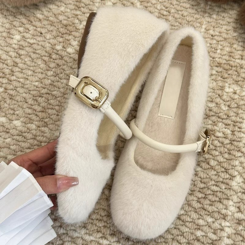 Fairy Style Internal Height Increase5cm Mary Jane Furry Shoes for Women2024New autumn and winter plush single shoes