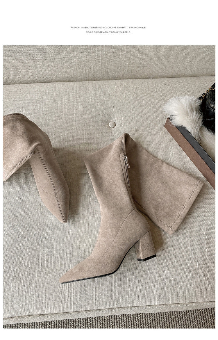 Long Boots for Women, Stretch Long Boots, Pointed Toe High Heel Boots, Over-the-Knee Boots, Suede High Boots, Khaki Color