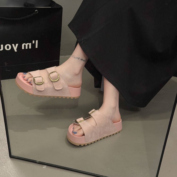 Solid Color Rubber Mid Heel(3-5cm)Platform Sole Suede Slippers