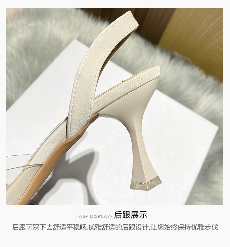 Women's Closed-Toe Sandals for Spring and Summer2023New Year's New French Transparent Pointed Toe Small Heel White High Heels Stiletto Single Shoes