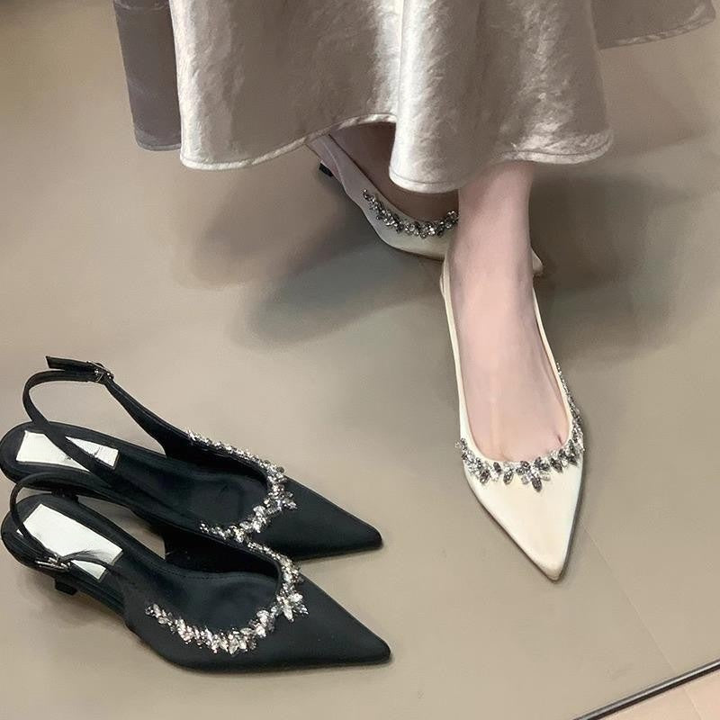 Women's Sandals2025Spring New Women's Shoes Backless Rhinestone Closed-Toe High Heels Pointed Toe Stiletto Bridesmaid Wedding Shoes