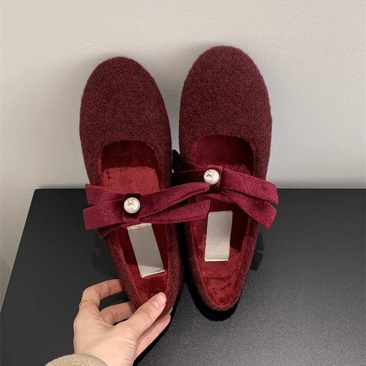 French Style Little Chanel Mary Jane Shoes2024Fleece-lined Warm Round Toe Shallow Mouth Shoes with Bowknot and Pearls for Evening Wear