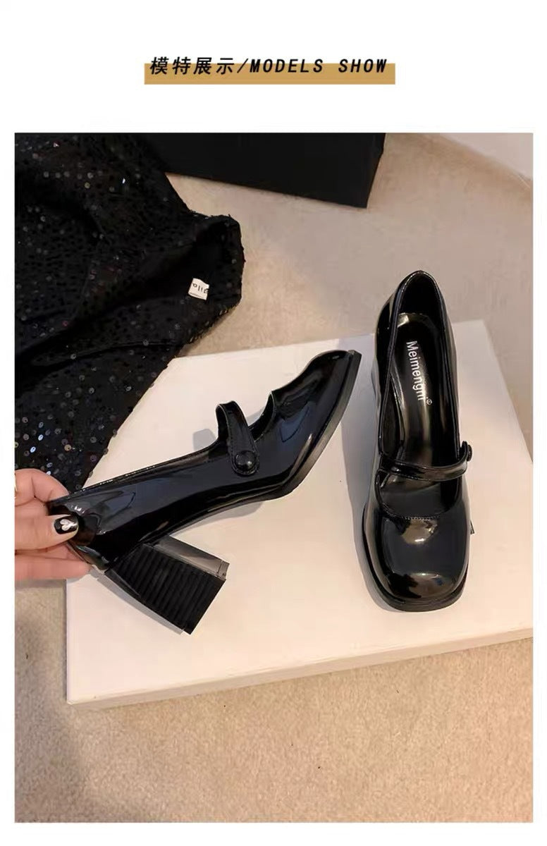 Mary Jane High Heels2023New Year's New Small Thick Heel French Style One-Strap Retro Single Shoes