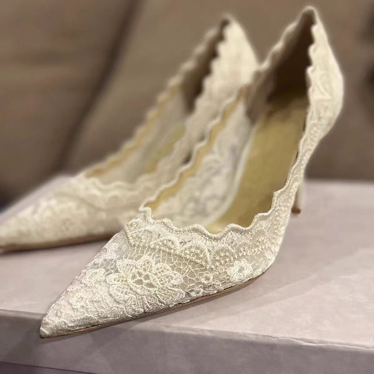 2025Spring and Autumn Lace White Single Shoes Wedding Bride Shoes Women Pointed Toe Thin Heel Hollow Embroidery Mesh High Heels