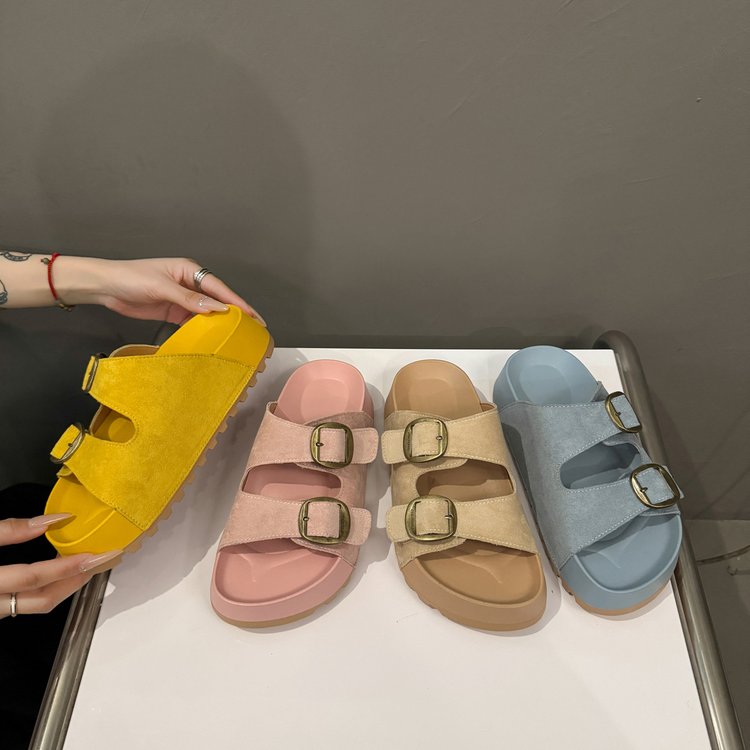 Solid Color Rubber Mid Heel(3-5cm)Platform Sole Suede Slippers