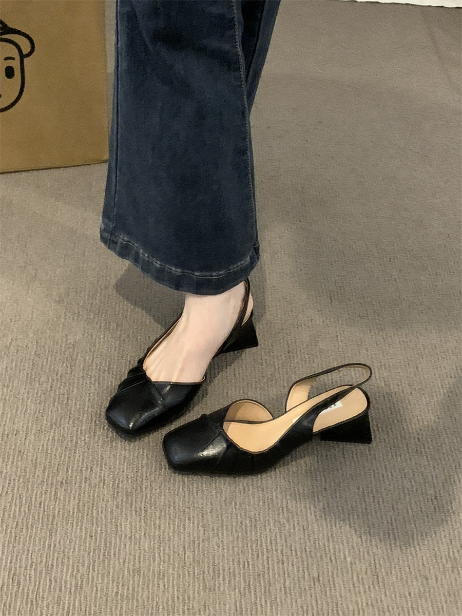 2024Spring Summer New High Heel Closed Toe Backless Sandals Women's Shoes Chunky Heel Shallow Mouth French Gentle Style Single Shoes Women's Shoes