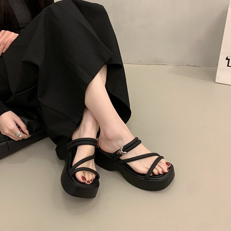 Solid Color Platform Sole Slippers PU Rubber mid-heel(3-5cm)