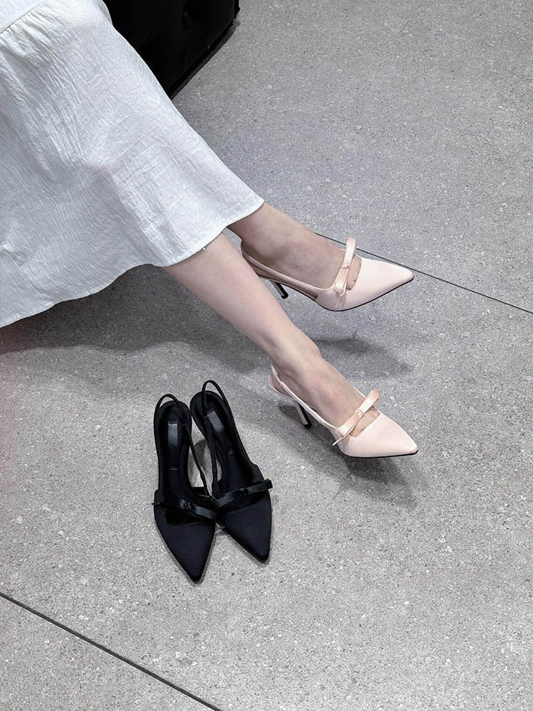 2025New French Style Pointed Toe Bow High Heels Women's Stiletto Sandals Elegant Versatile Shallow Mouth Shoes