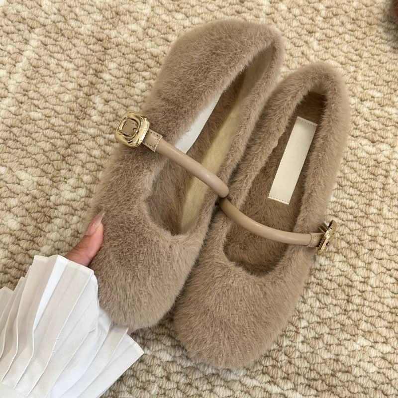Fairy Style Internal Height Increase5cm Mary Jane Furry Shoes for Women2024New autumn and winter plush single shoes