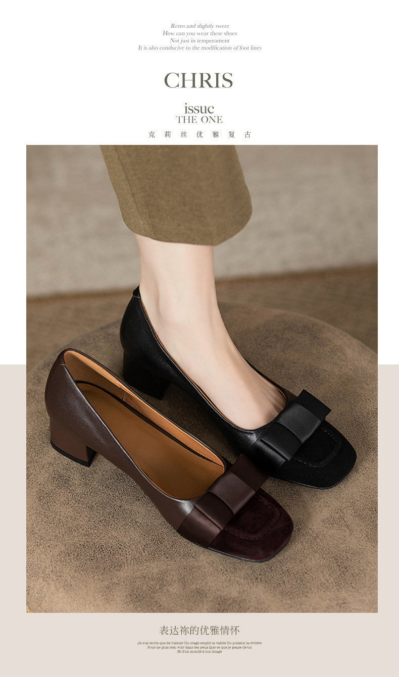 French style color-blocking high heels for women2024Spring and Autumn New Style Chunky Heel Bow Retro Mid-Heel Single Shoes