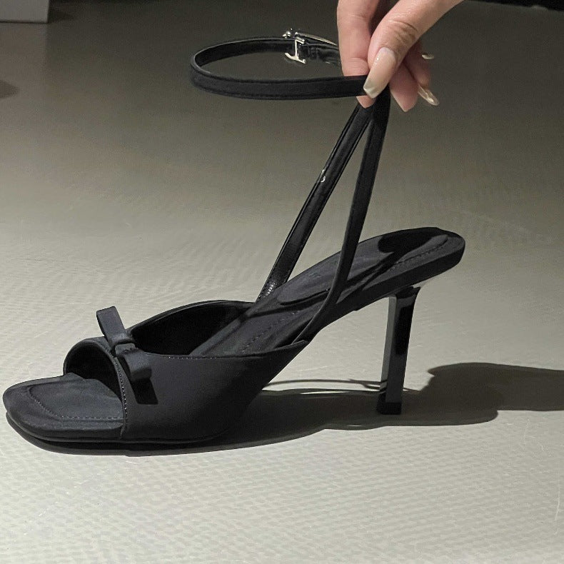 Ankle Strap silver Satin Bow High Heel Sandals Thin Heel Open Toe Women's Sandals Elegant