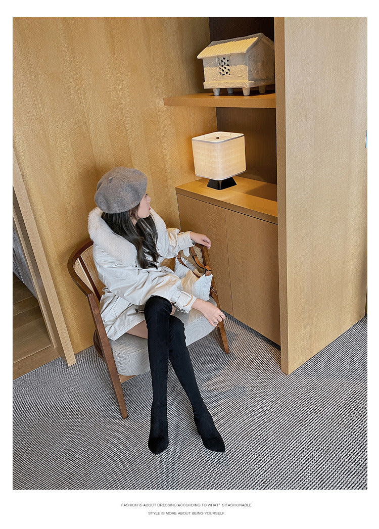 Long Boots for Women, Stretch Long Boots, Pointed Toe High Heel Boots, Over-the-Knee Boots, Suede High Boots, Khaki Color