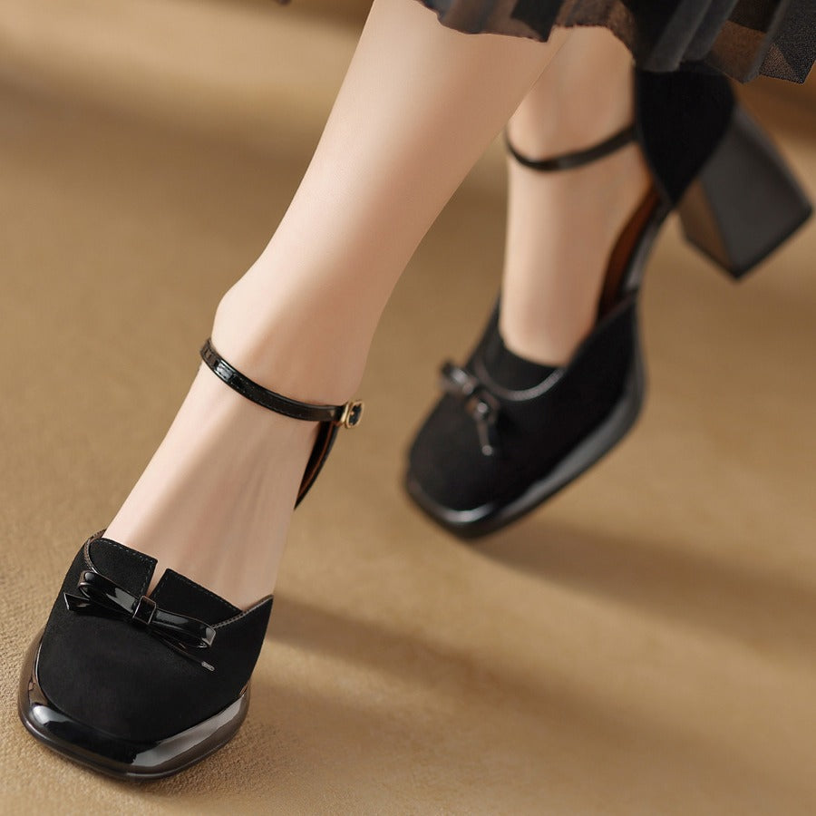 French Retro Elegant Mature Hollow Toe Sandals2024New Year's New Versatile Simple Thick Heel Buckle High Heels