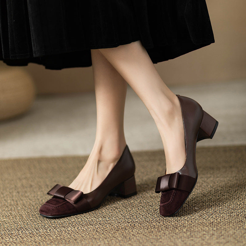 French style color-blocking high heels for women2024Spring and Autumn New Style Chunky Heel Bow Retro Mid-Heel Single Shoes