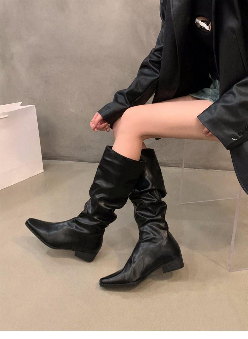 Chunky Heel Ruched Slouchy Long Tube Riding Boots for Women2024New Spring and Autumn Western Slim Mid-Calf Long Boots