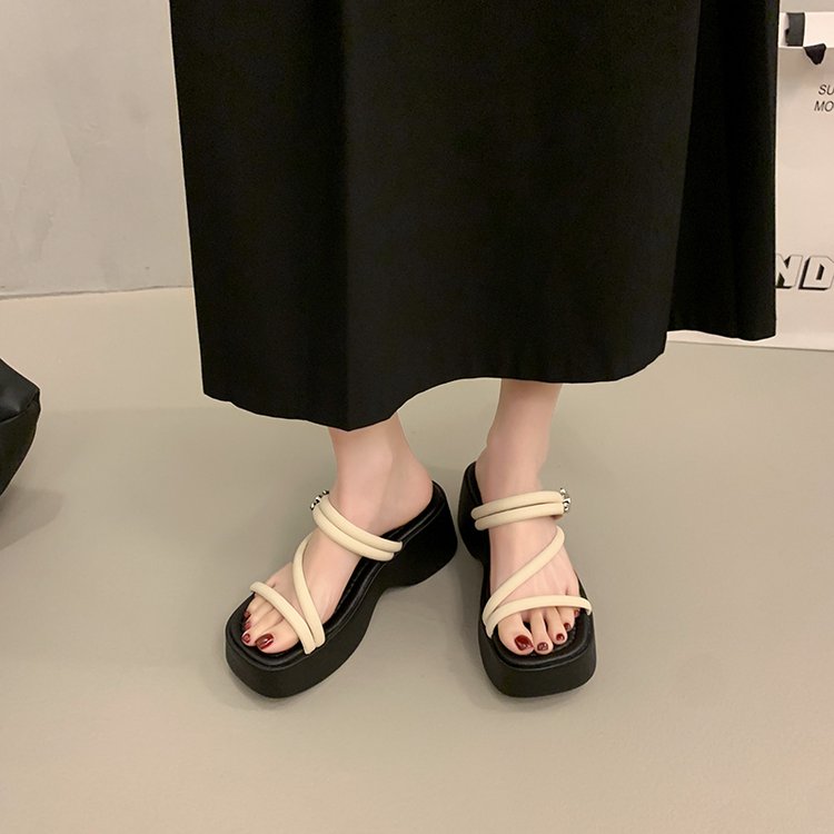 Solid Color Platform Sole Slippers PU Rubber mid-heel(3-5cm)