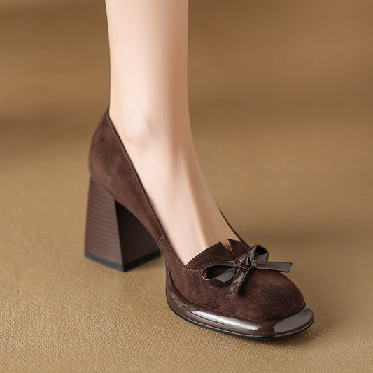 2024Spring New Style Bowknot Matte Chunky Heel Pumps for Women Shallow Mouth Waterproof Platform Chunky Heel Pumps