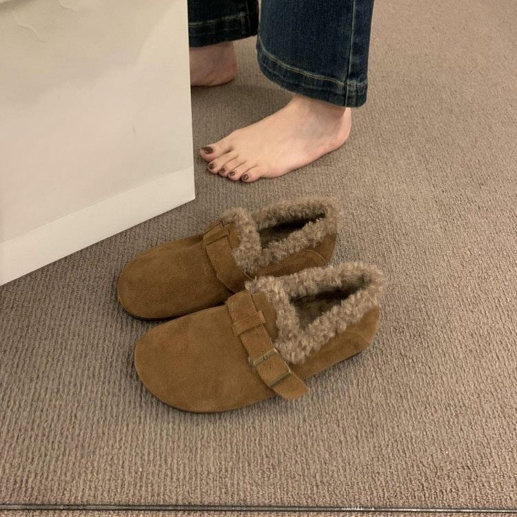 Japanese Mori Girl Style Retro Soft Leather Birkenstock Shoes for Women with Fleece Lining2024Autumn and Winter New Style Height-Increasing Warm Cotton Loafers