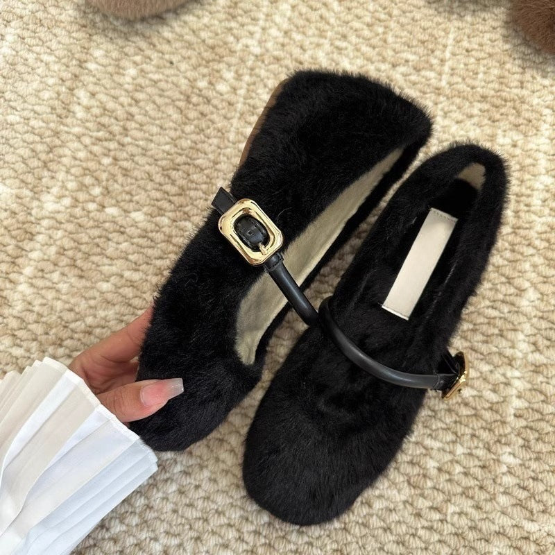 Fairy Style Internal Height Increase5cm Mary Jane Furry Shoes for Women2024New autumn and winter plush single shoes