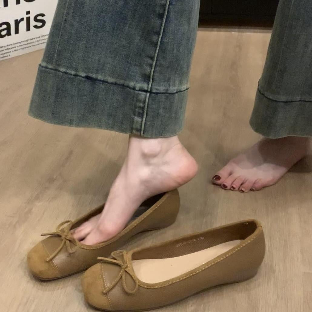 Women's French Style Shoes with Hidden Wedge2025Spring and Autumn New Suede Bowknot Slip-On Light Mouth Apricot Evening Shoes