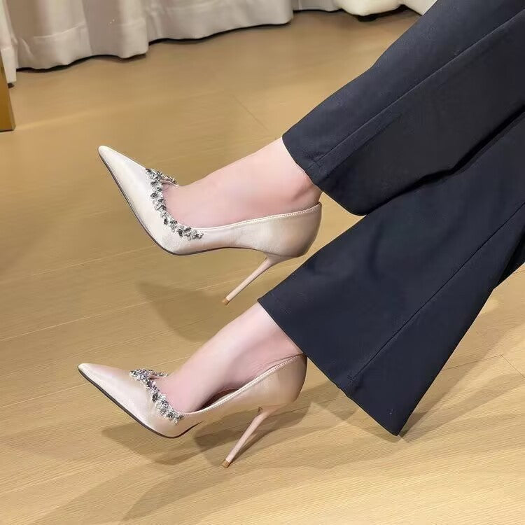 New Purple Stunning Rhinestone High Heels for Women Pointed Satin Sexy Stiletto Comfortable Single Shoes