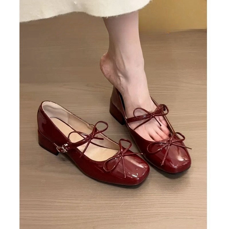 French Style Red Ballet Mary Jane Shoes for Women, Chunky Heel Patent Leather Granny Shoes, Retro Shallow Mouth Square Toe Single Shoes