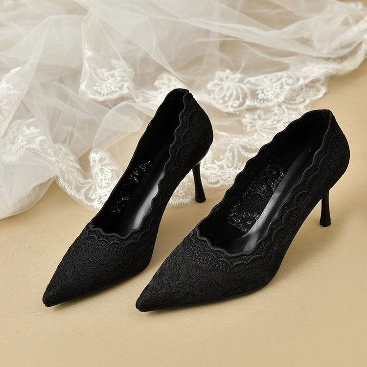 2025Spring and Autumn Lace White Single Shoes Wedding Bride Shoes Women Pointed Toe Thin Heel Hollow Embroidery Mesh High Heels