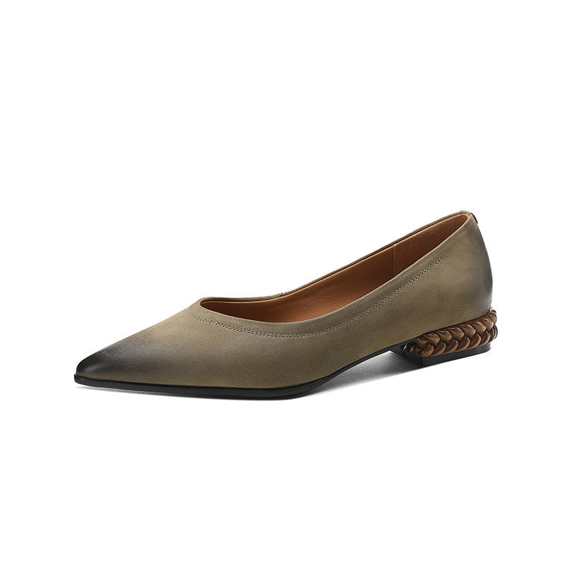 French Retro Color-Washed Pointed Toe Shallow Mouth Women's Shoes2023Spring new style comfortable soft leather thick heel low heel shoes
