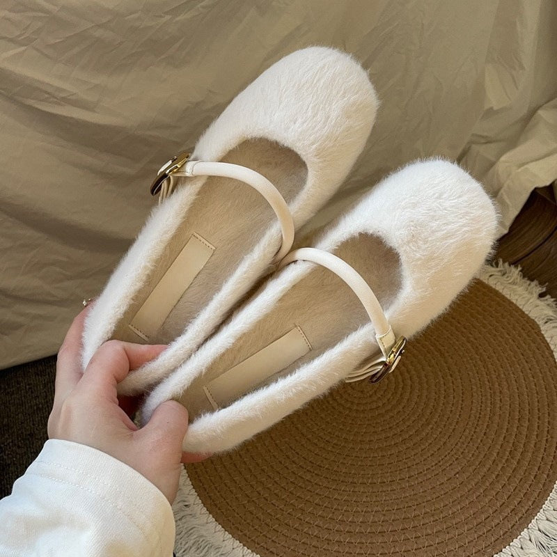 Fairy Style Internal Height Increase5cm Mary Jane Furry Shoes for Women2024New autumn and winter plush single shoes
