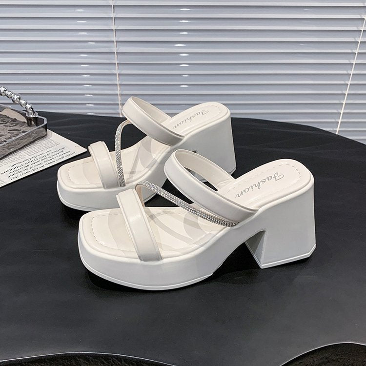 Solid Color Rubber Chunky Heel PU High Heel Slippers