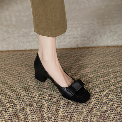 French style color-blocking high heels for women2024Spring and Autumn New Style Chunky Heel Bow Retro Mid-Heel Single Shoes