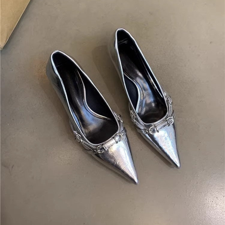 French-style Niche High Heels Women's Shoes2024New style elegant black pointed toe shallow mouth commuter shoes
