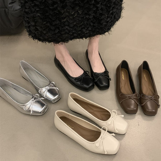 silver Flats Shallow Mouth Bowknot2024Spring New French Style Gentle Evening Breeze Flat Shoes for Women