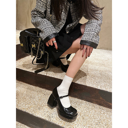 Black thick high heels2023New Style One-Strap Mary Jane Shoes Shallow Mouth Single Shoes for Women Round Toe