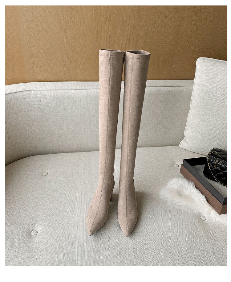 Long Boots for Women, Stretch Long Boots, Pointed Toe High Heel Boots, Over-the-Knee Boots, Suede High Boots, Khaki Color