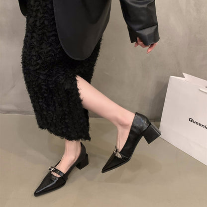 French Style Mary Jane Leather Shoes for Women2024New Spring Autumn Winter Black Pointed High Heels Single Shoes