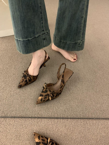 French high-end bow-knot stunning leopard print closed-toe sandals for women in summer2024New Year's stiletto high heels