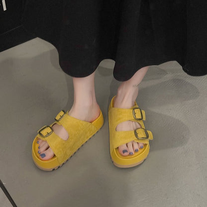 Solid Color Rubber Mid Heel(3-5cm)Platform Sole Suede Slippers