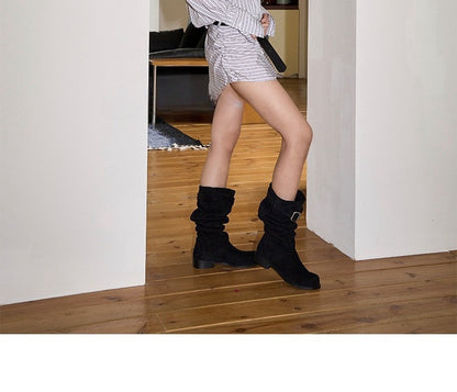 Long Boots for Women Retro Western Cowboy Boots Two-Way Short Boots Chunky Heel Riding Boots Ruched Slouch Boots