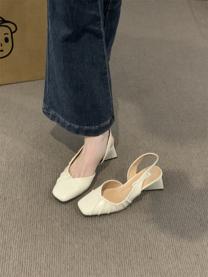 2024Spring Summer New High Heel Closed Toe Backless Sandals Women's Shoes Chunky Heel Shallow Mouth French Gentle Style Single Shoes Women's Shoes