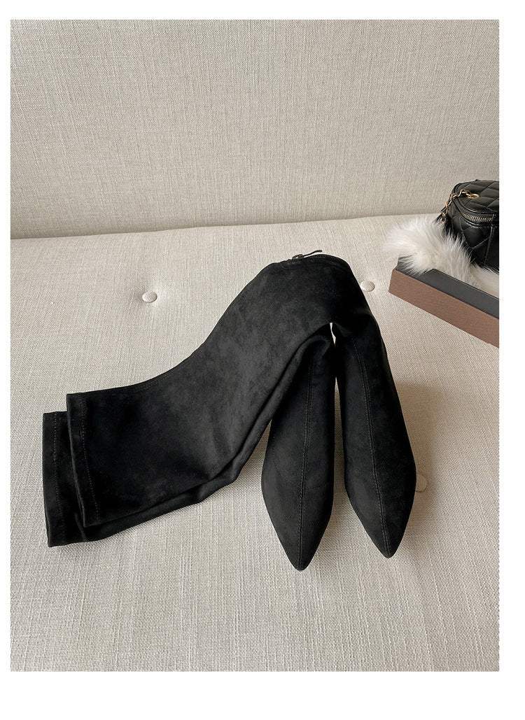 Long Boots for Women, Stretch Long Boots, Pointed Toe High Heel Boots, Over-the-Knee Boots, Suede High Boots, Khaki Color